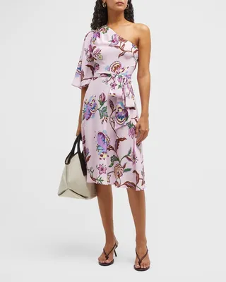 Floral-Print One-Shoulder Silk Midi Dress