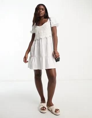 ASOS DESIGN short sleeve mini tiered smock dress with crochet detail in ivory