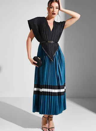 Plisse Belted Embellished Dress