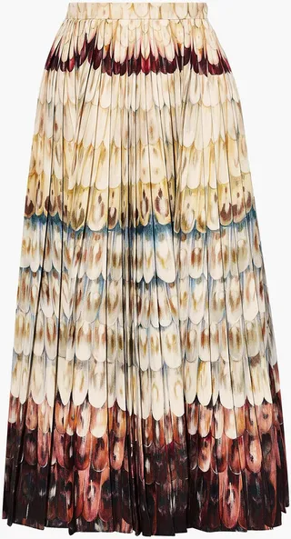 Pleated printed wool and silk-blend crepe midi skirt