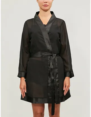 Womens Black Satin-trim Chiffon Kimono