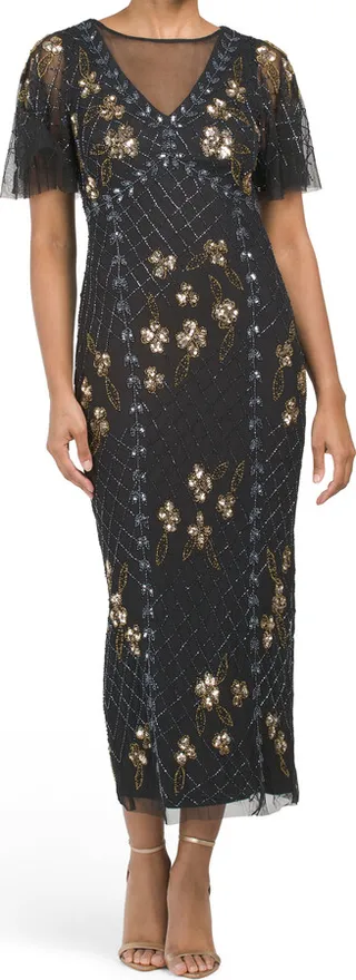 Flutter Sleeve Column Dress With Illusion And Sequin Detail