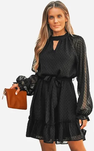 Women's Belted Clip Dot Ruffled Dress - Cupshe-M-Black