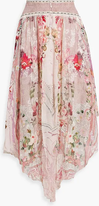 Asymmetric studded printed silk-georgette midi skirt