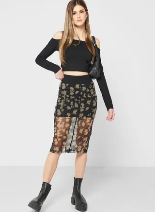 Floral Print Mesh Detail Skirt