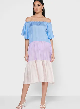 Saria Bardot Scallop Detail Tiered Dress