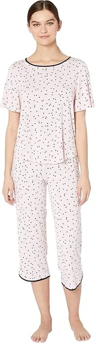 Kate Spade New York Evergreen Modal Jersey Short Sleeve Cropped PJ Set (Scattered Dot Pink) Women's Pajama Sets
