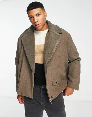 ASOS DESIGN oversized wool mix biker jacket with sherpa borg collar in beige