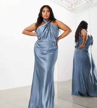ASOS EDITION Curve satin ruched halter neck maxi dress in dusky blue