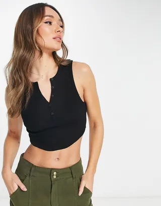 ASOS DESIGN button notch neck rib tank with curved hem in black
