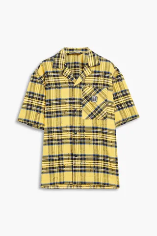 Distressed checked printed cotton-twill shirt