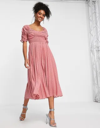 ASOS DESIGN ruched front pleated midi dress with shirred waist in chevron texture in dusky pink