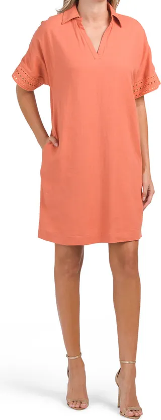Linen Blend Johnny Collar Eyelet Trim Shirt Dress