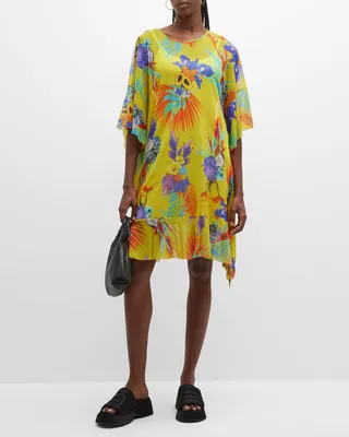 Draped Floral-Print Tulle Dress