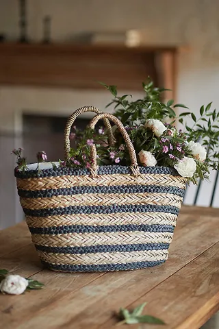 Striped Seagrass Tote Black