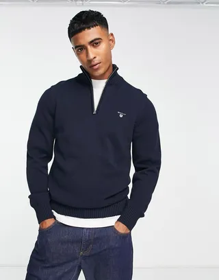 Gant icon logo heavy cotton half zip knit sweater in navy