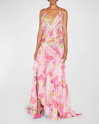 Plunging Logo Orchid-Print Draped Chiffon Gown