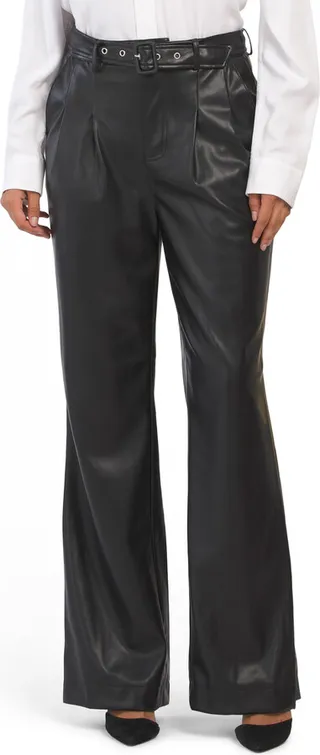 Faux Leather Belted Pleated Trousers