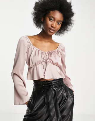 Miss Selfridge satin tie front long sleeve blouse in warm gray