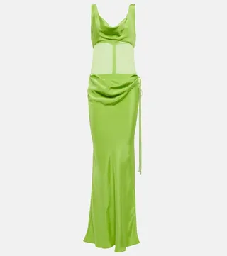 Sheer-detail silk satin gown