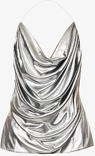 Womens Black Silver Draped Halter-neck Woven top
