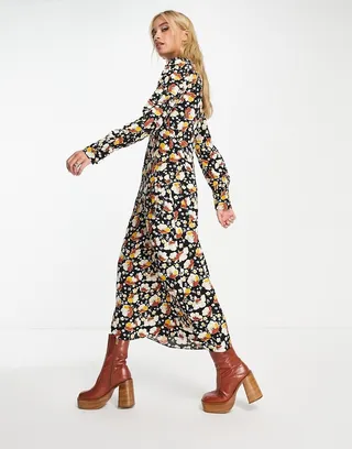 & Other Stories tie detail midi dress in brown floral print