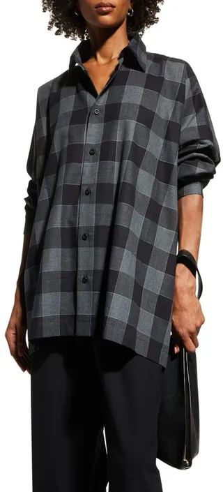 Gingham Wide Shirt With Stand Collar (Long Length)