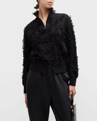 Cashmere Jacquard Fringe Zip-Front Top