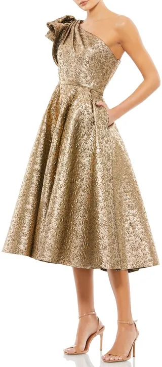 One-Shoulder Metallic Brocade Midi Cocktail Dress