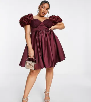 ASOS LUXE Curve 3D floral satin wired baby doll mini dress in wine