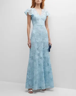 Short-Sleeve V-Neck Lace Maxi Dress