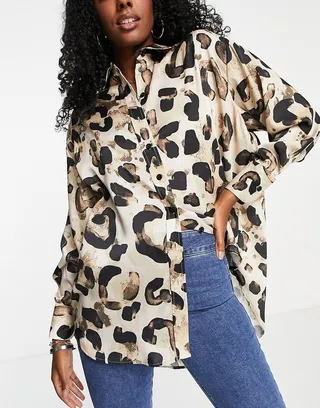 Topshop oversized animal satin shirt in neutral