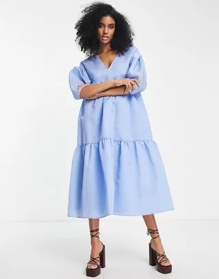 ASOS EDITION tiered jacquard midi dress with bow back in blue
