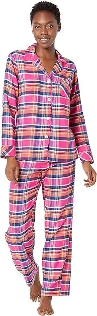 LAUREN Ralph Lauren Petite Long Sleeve Brushed Twill Notch Collar PJ Set (Pink Plaid) Women's Pajama Sets