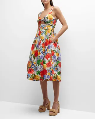 Laurel Floral Cotton Knotted Cutout Midi Dress