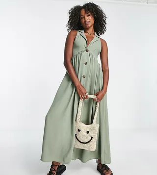 ASOS DESIGN Tall collared button through midi smock dress in khaki