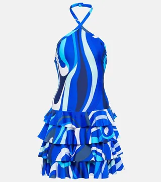 Printed halterneck jersey minidress