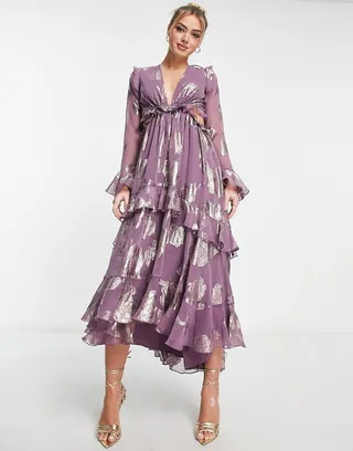 ASOS DESIGN ruffle floral jacquard midi dress with tiered skirt in mauve