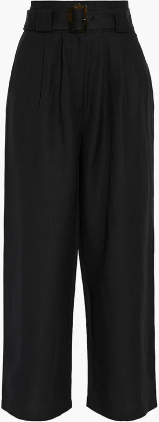 Belted linen-blend wide-leg pants