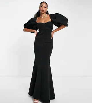 ASOS DESIGN Tall exaggerated sleeve open back maxi dress with sweep hem in black