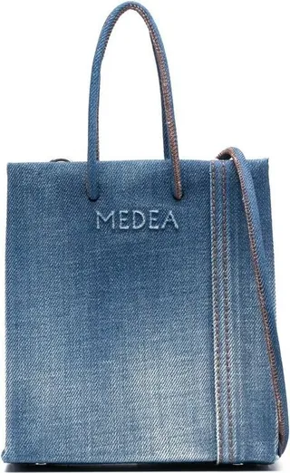 Embossed-Logo Washed Denim Shopper Bag