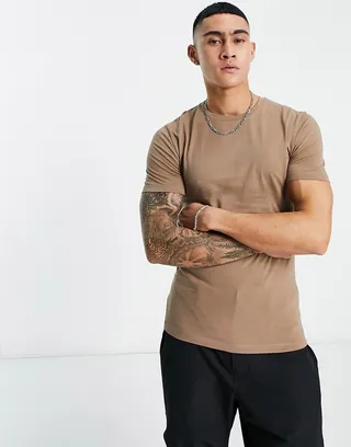 ASOS DESIGN muscle fit T-shirt with crew neck in light brown
