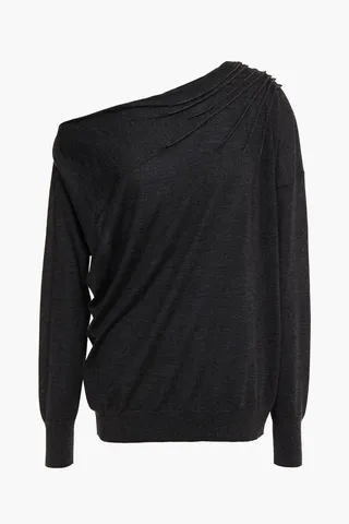 Bead-embellished draped cashmere and silk-blend sweater