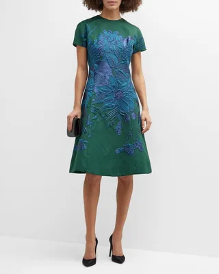 Short-Sleeve Floral Jacquard Dress