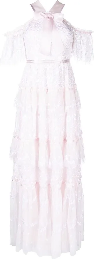 Floral-Embroidered Tiered Dress