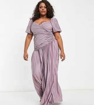 ASOS DESIGN Curve puff sleeve lace trim pleated skater maxi dress in mauve