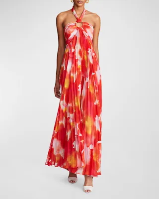 Jill Pleated Cutout Chiffon Halter Gown