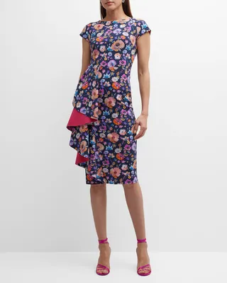 Cap-Sleeve Floral-Print Ruffle Midi Dress
