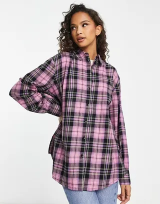 Miss Selfridge oversized shirt in pink and lime plaid