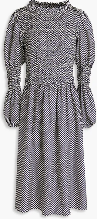 Marina shirred checked silk-twill dress